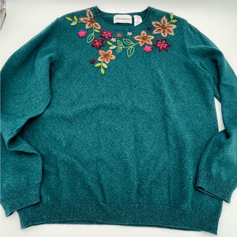 Alfred Dunner Autumn teal green blue pullover sweater w/ fall floral embroidery